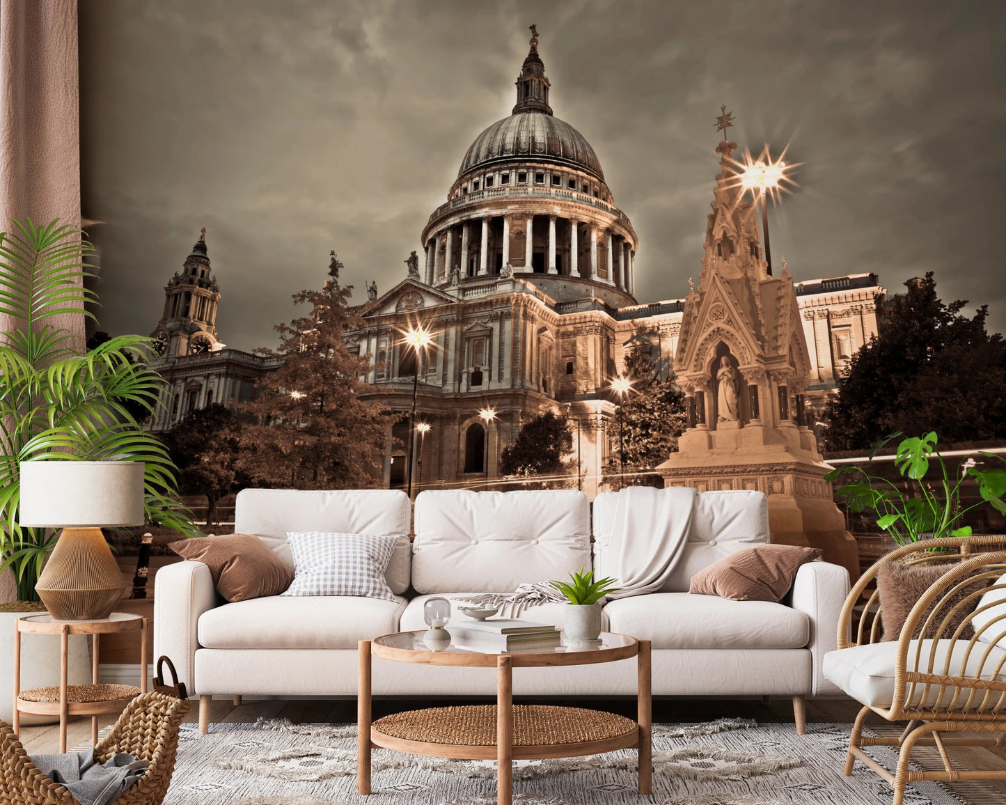 Living room with St Pauls Sepia wall mural city landmark, GD8746