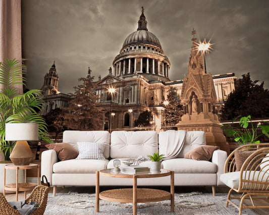 Living room with St Pauls Sepia wall mural city landmark