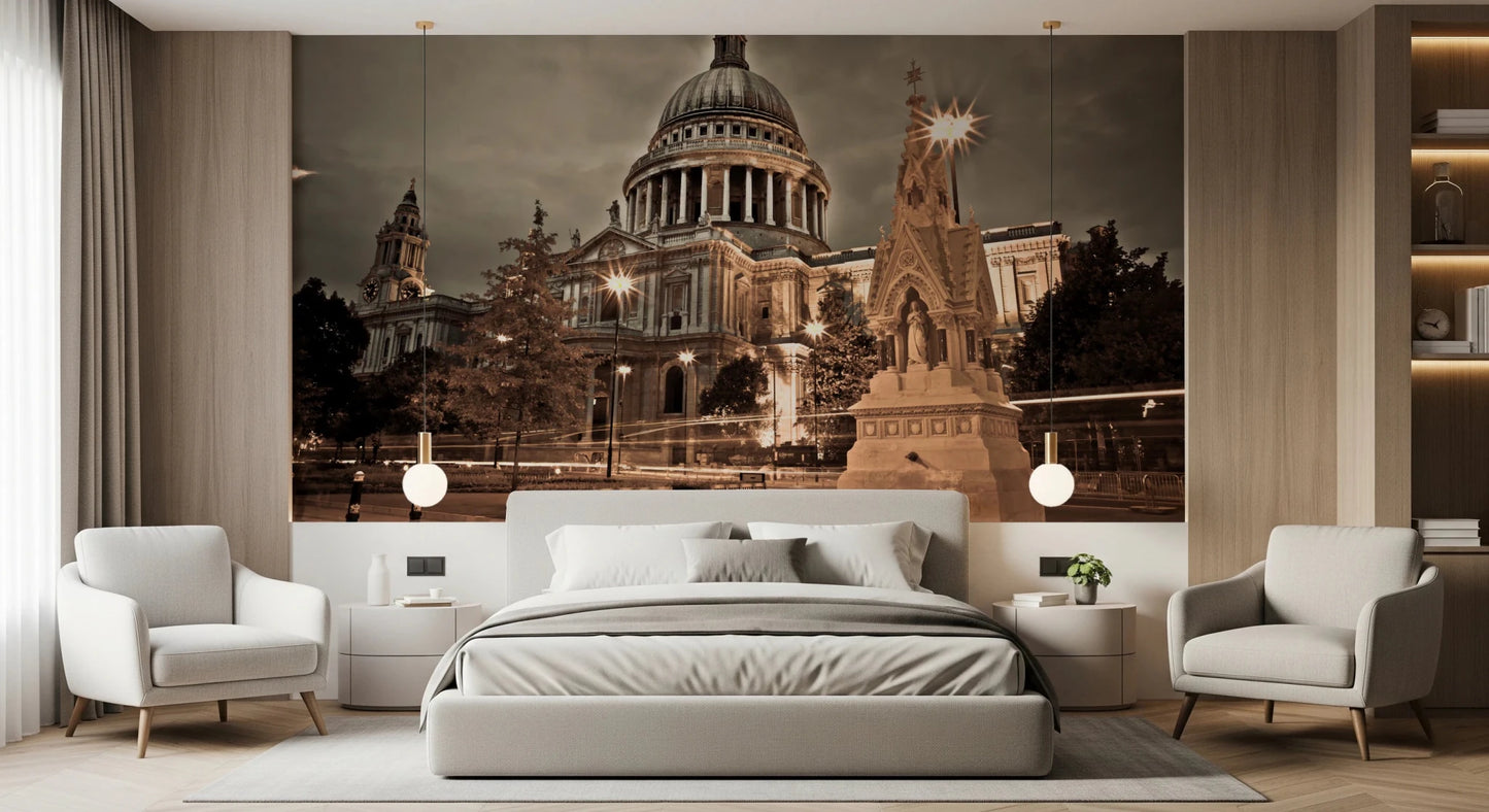 Bedroom styled in St Pauls Sepia wall mural architecture, GD8746