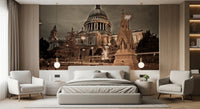 Bedroom styled in St Pauls Sepia wall mural architecture, GD8746
