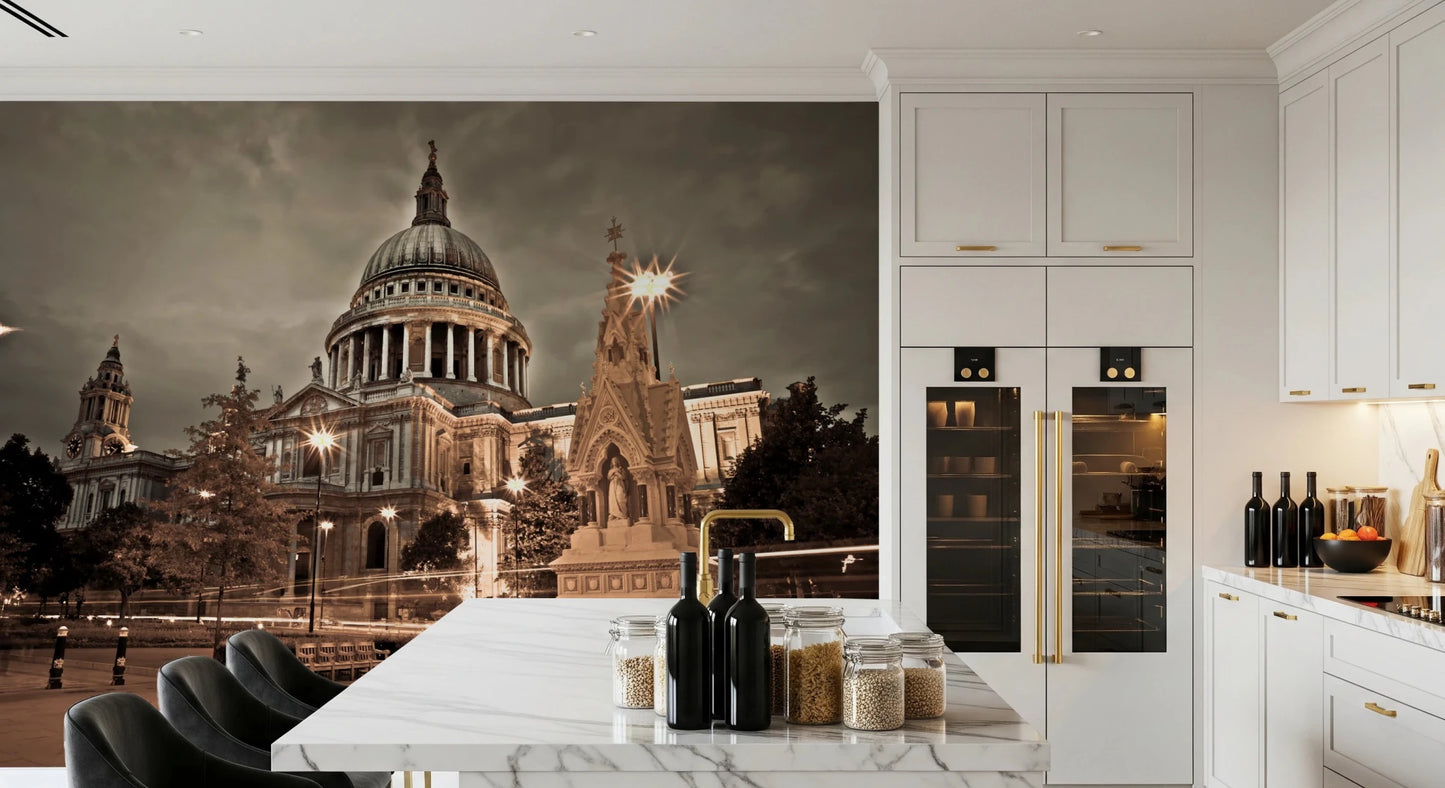 Kitchen space with St Pauls Sepia wall mural urban scene, GD8746