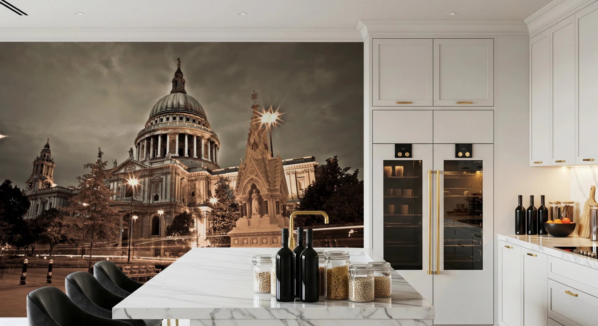 Kitchen space with St Pauls Sepia wall mural urban scene, GD8746