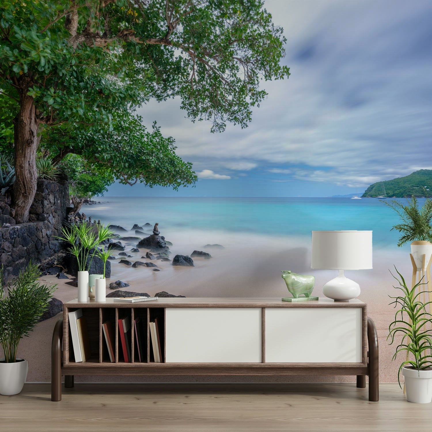 A serene coastal landscape wall mural for tropical decor.

