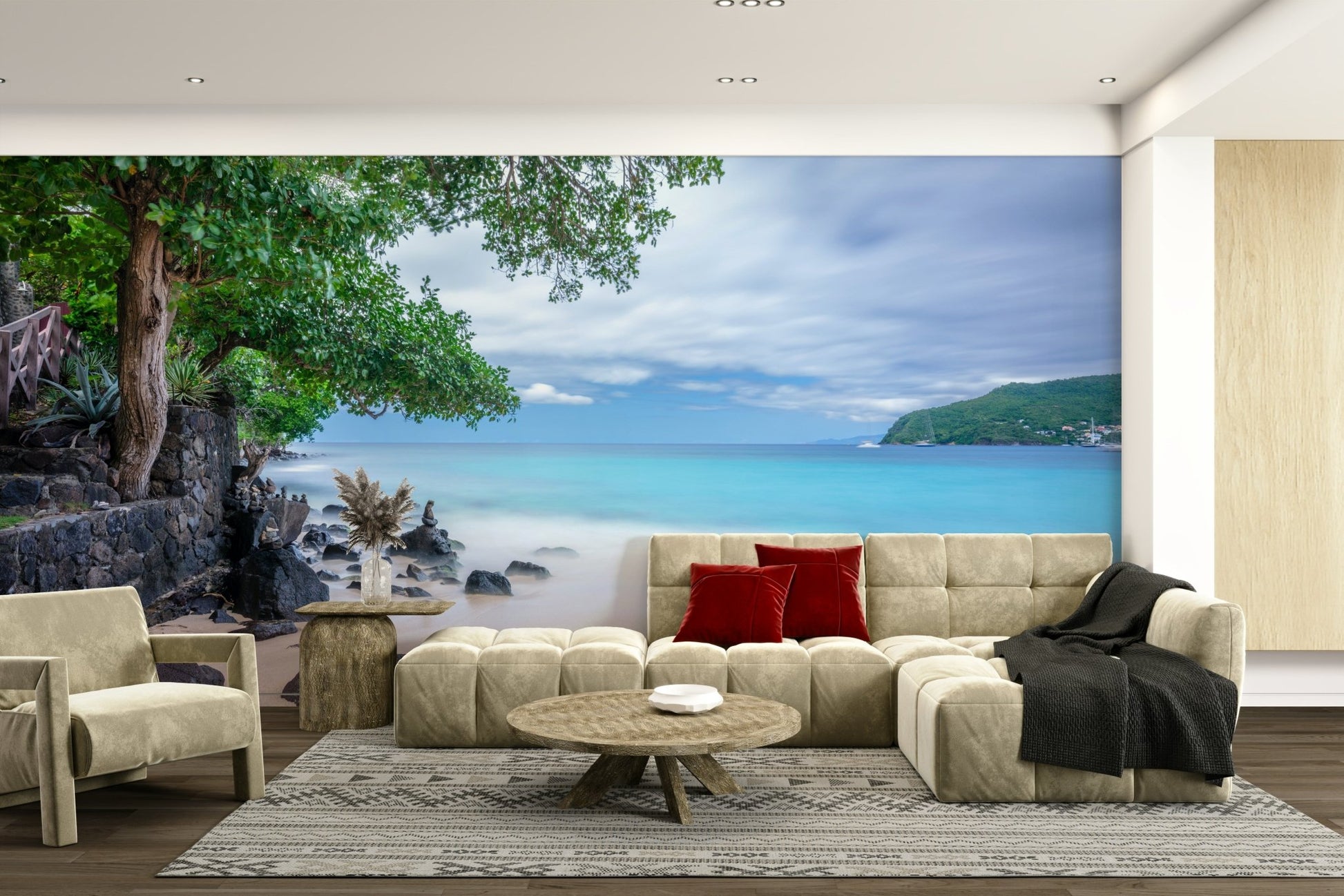 A tranquil beach scene mural on decorative wallpaper.

