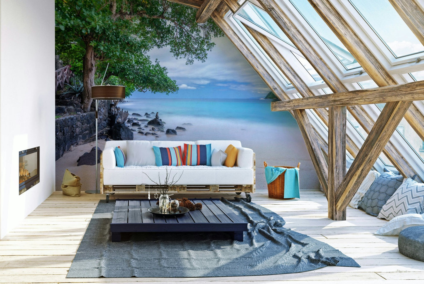 A calming turquoise water wallpaper mural that defines a space.

