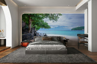 An artistic long-exposure beach mural on stylish wallpaper.

