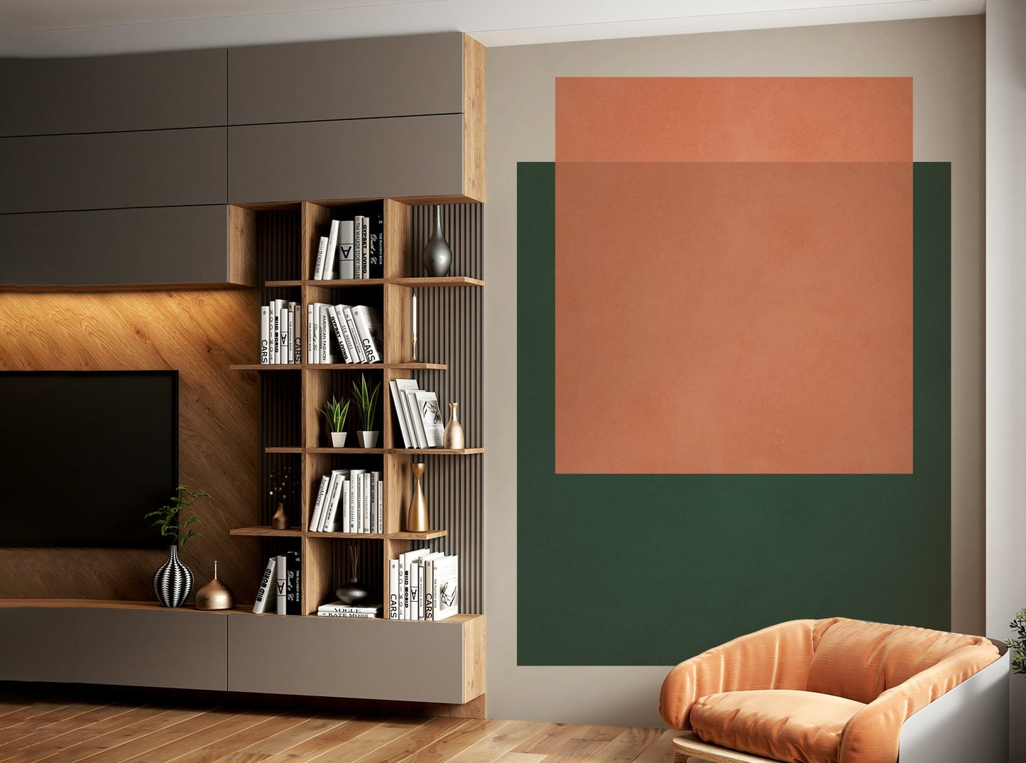 The colors are soft, muted tones of beige, brown, and green.

