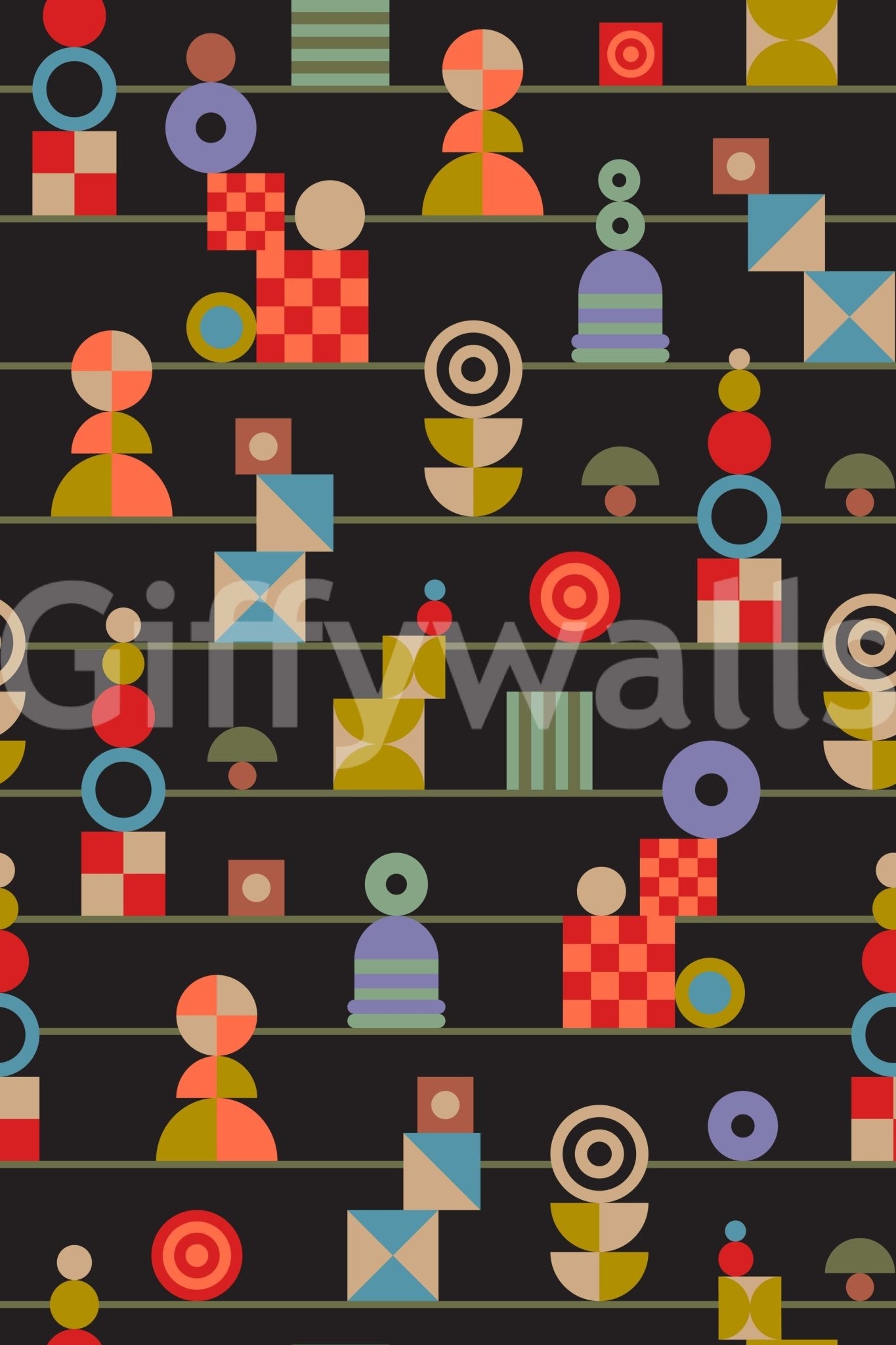 Curlicue shapes in this Stacking Retro Geometric Shapes wallpaper.