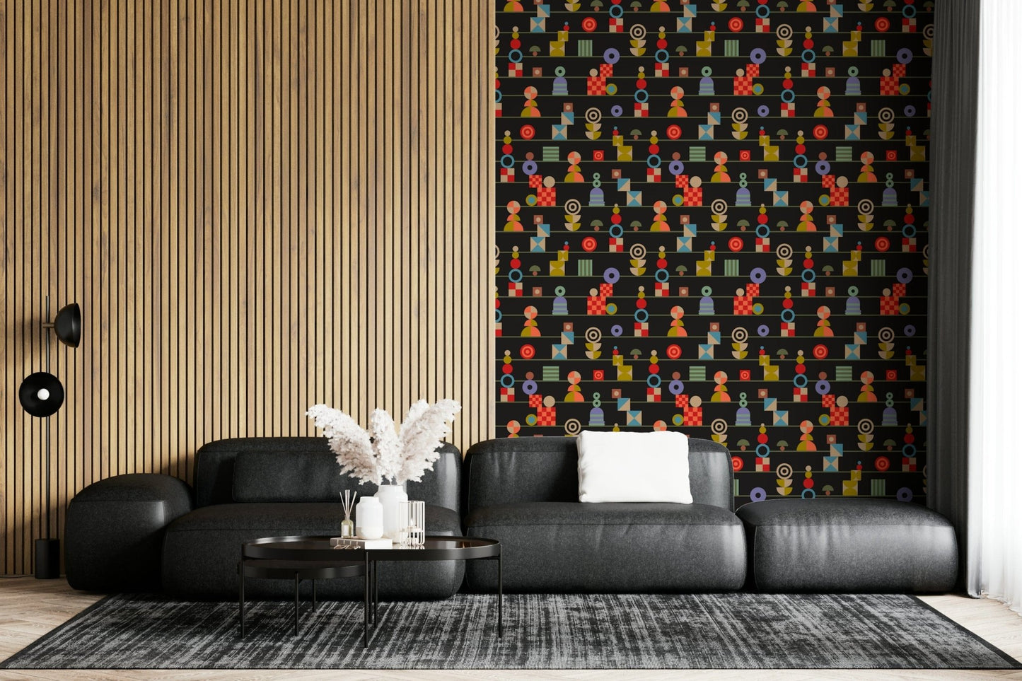 Whimsical Peel and Stick Wallpaper with stacked geometric shapes.