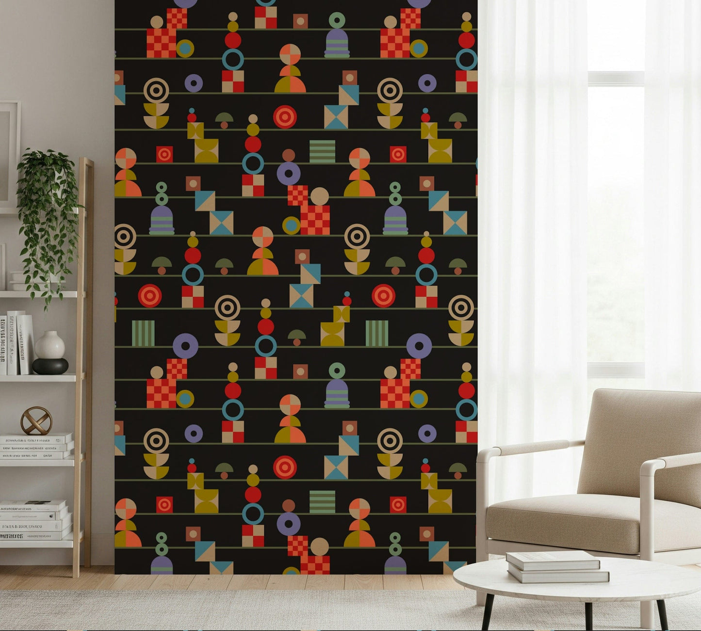 Quixotic Wallpaper mural, multicolored shapes on charcoal stripes.