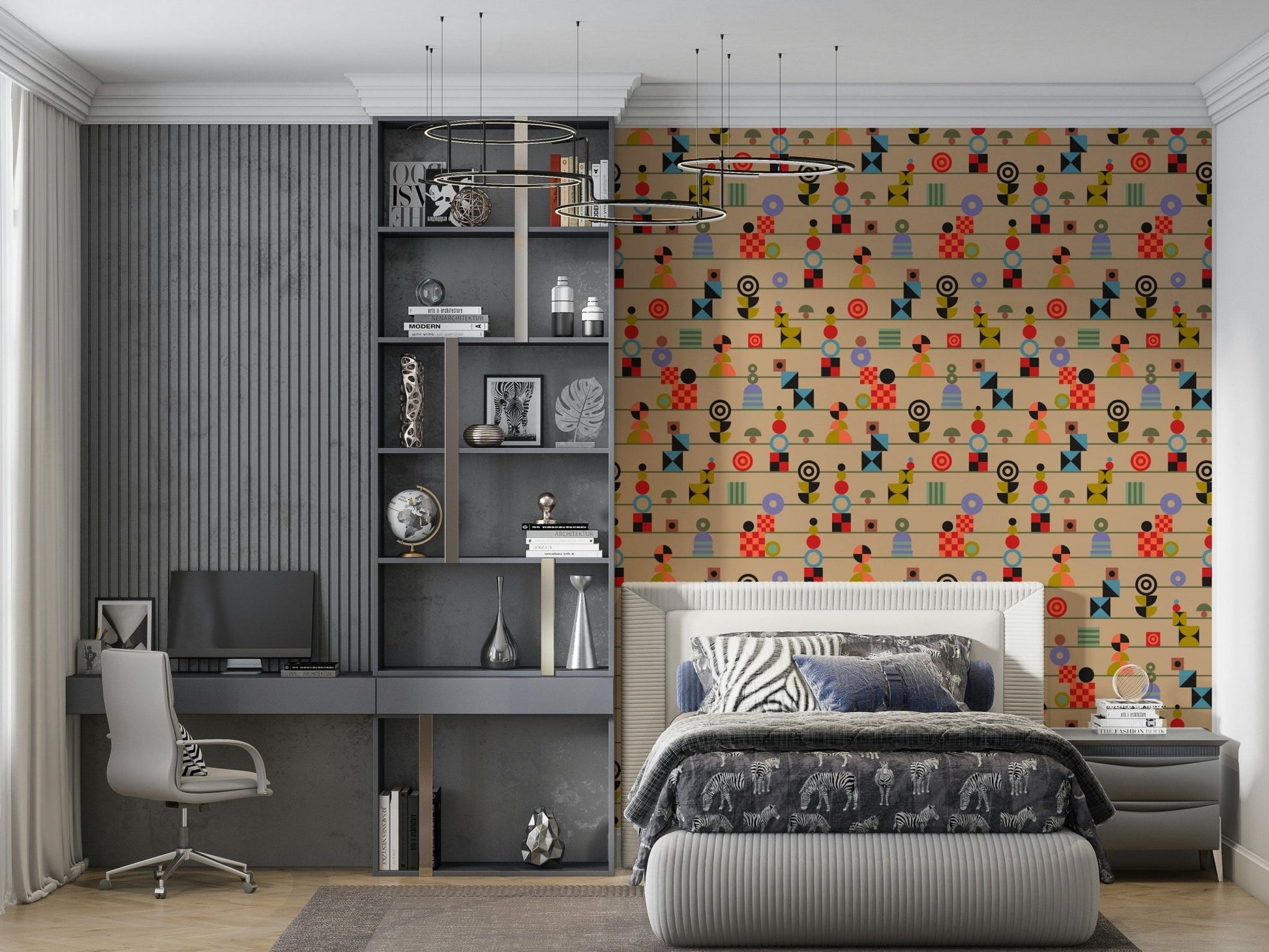 Wallpaper for walls, Stacking Retro pattern, mid-century jigsaw design.