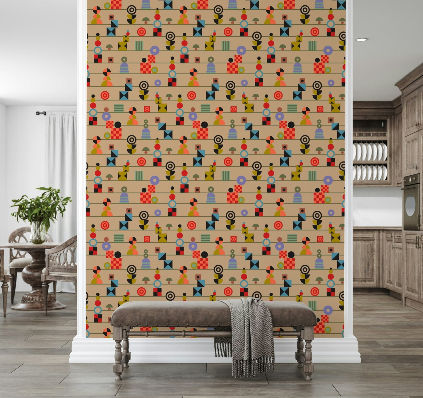 Stacking Retro Geometric Shapes wallpaper, eccentric design, droll patterns.
