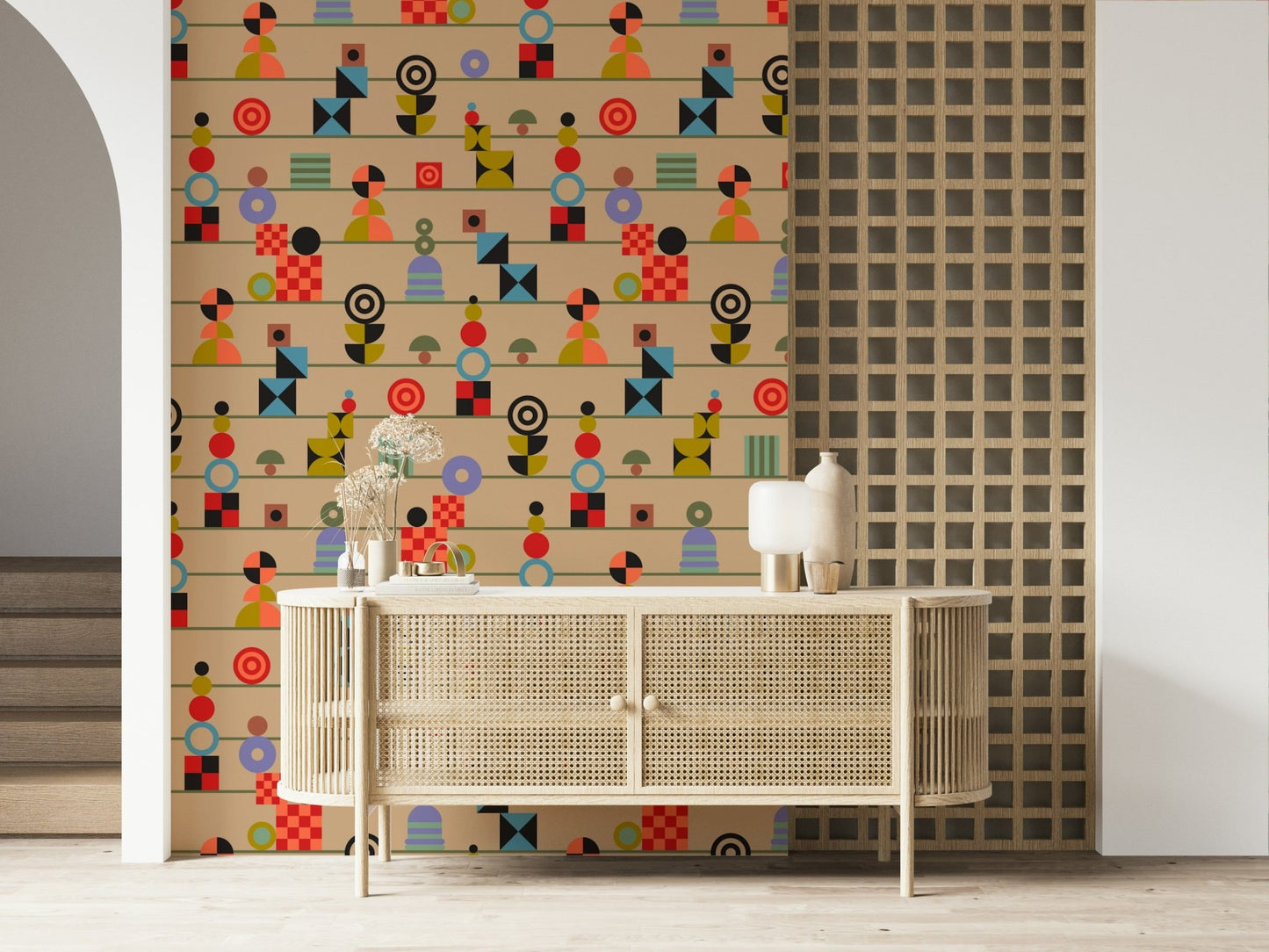 Wallpaper Stacking Retro, motley stacked icons, whimsy design.