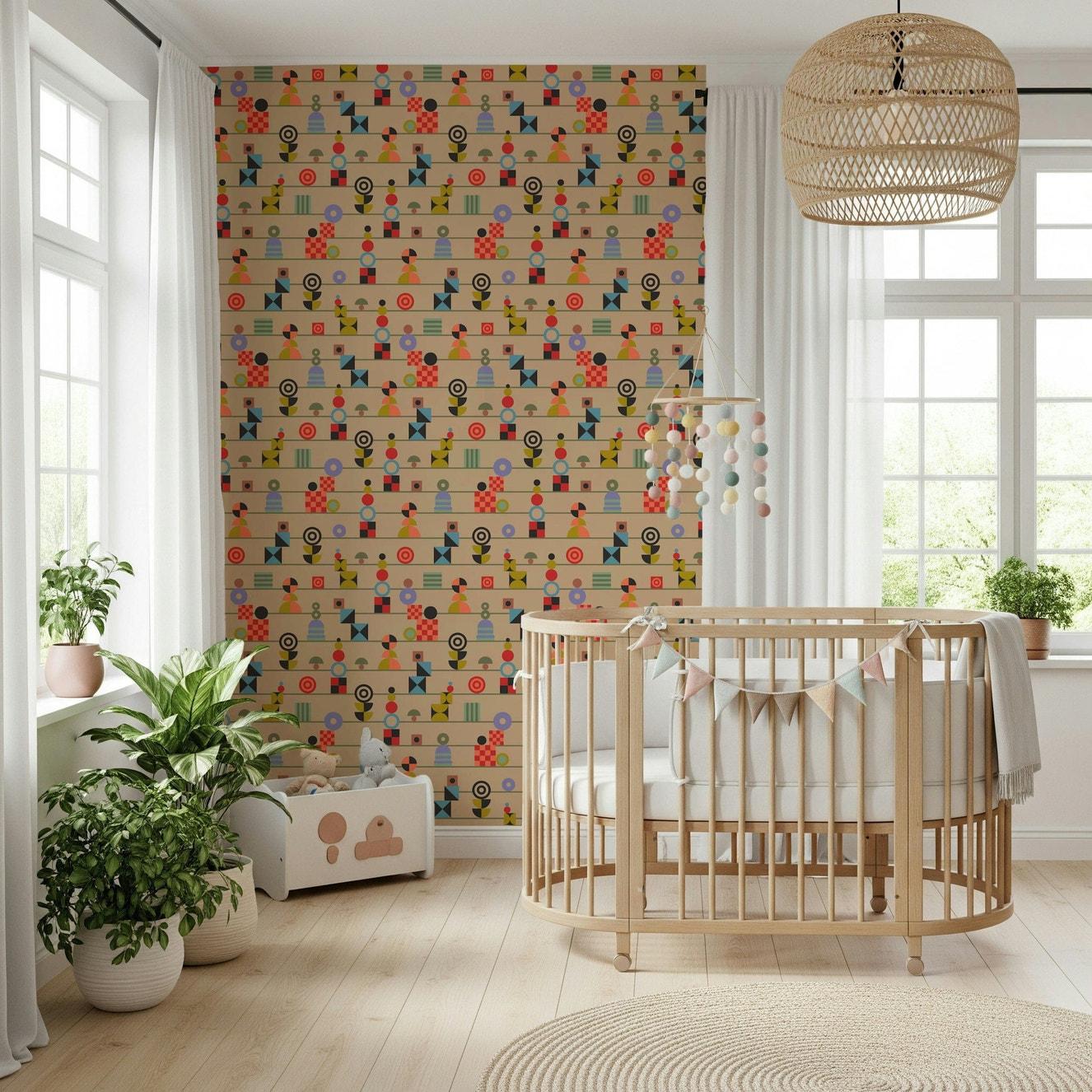 Stacking Retro Geometric Shapes wallpaper, whimsical geometrical cairns.
