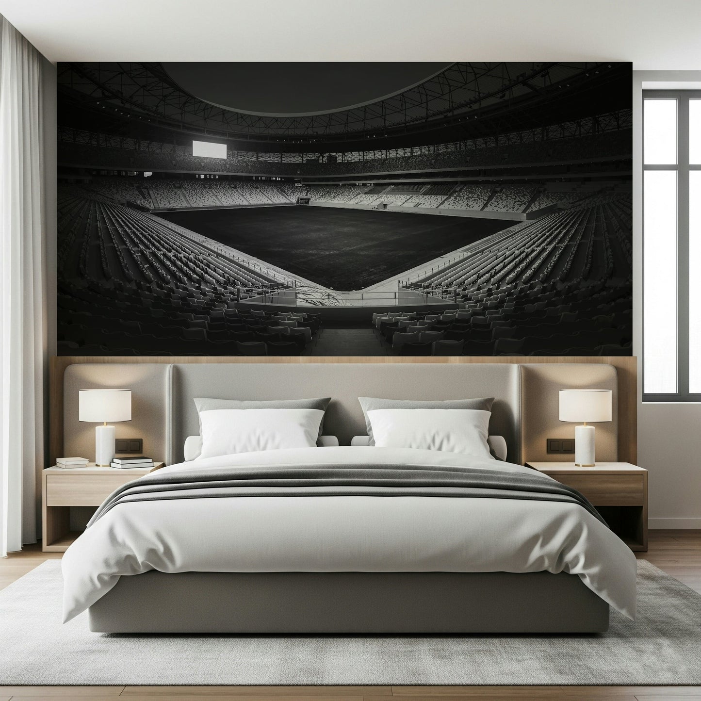 An artistic abstract stadium mural on minimalist wallpaper.