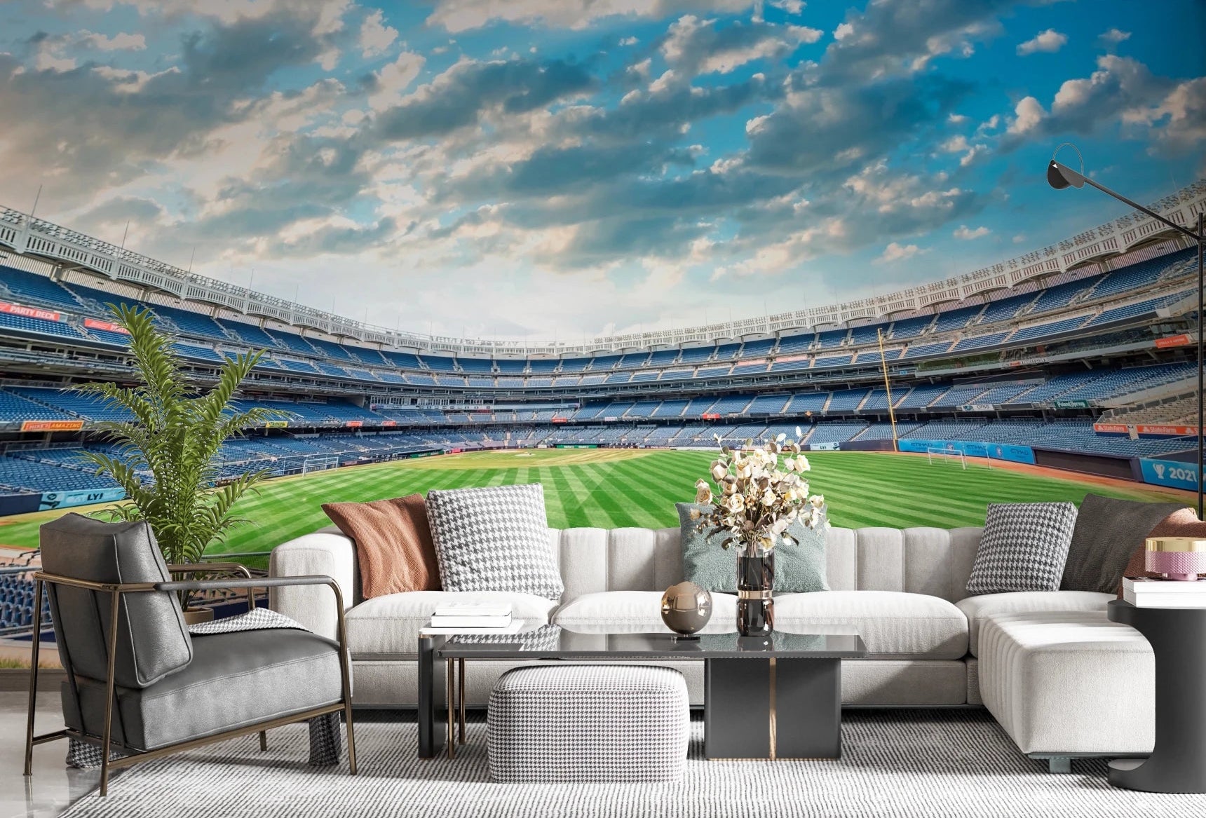 Living room sofa setup placed before Stadium View Wall Mural with wide field view, GD8257