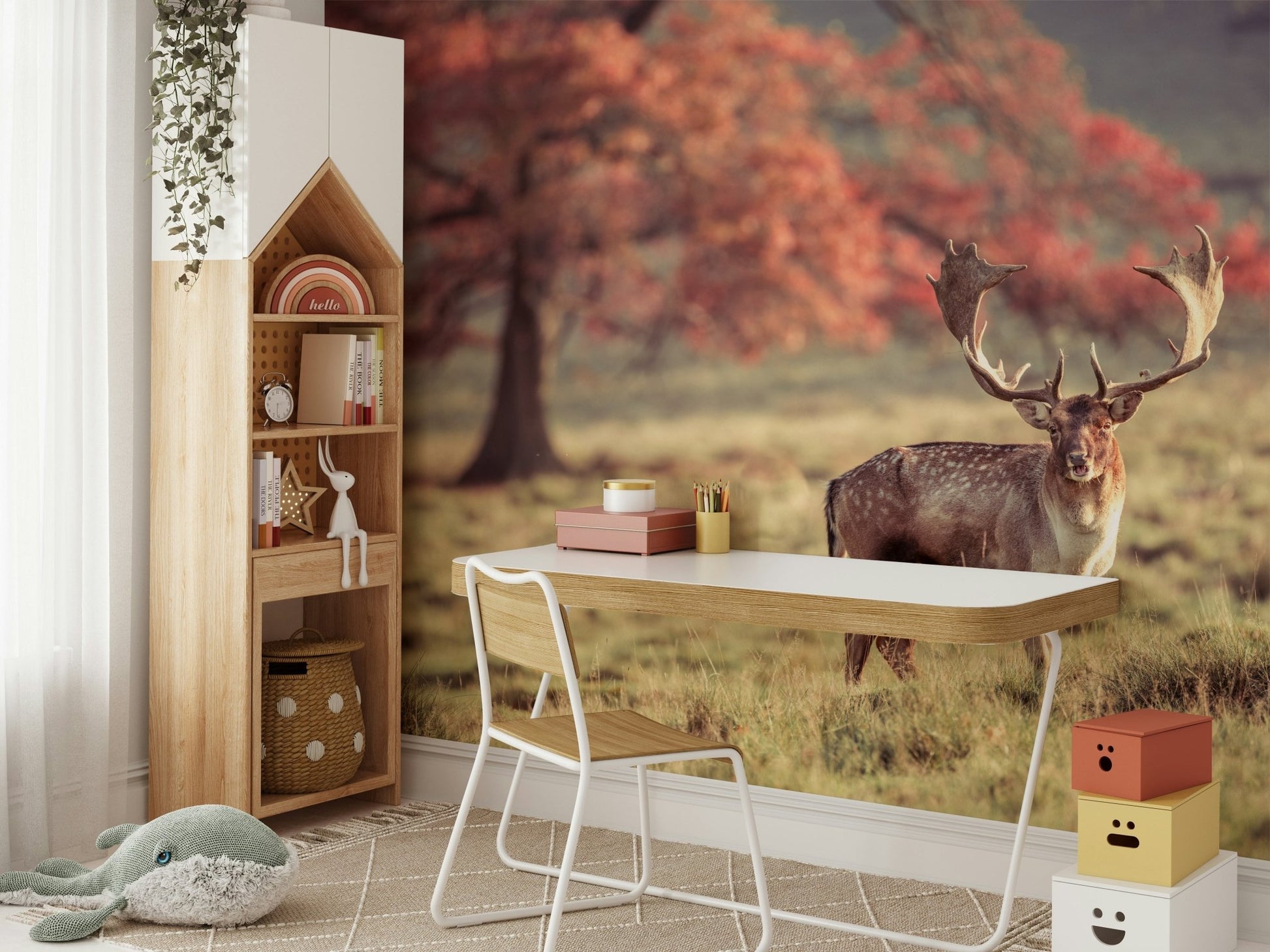 Beautiful wildlife mural with a regal stag in an autumnal setting

