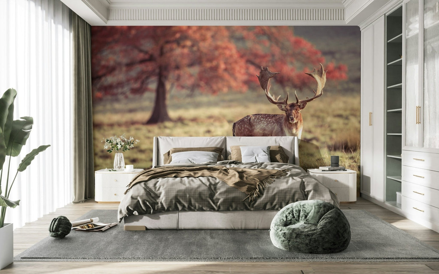 Stag roaming freely in a vast, serene landscape wall mural

