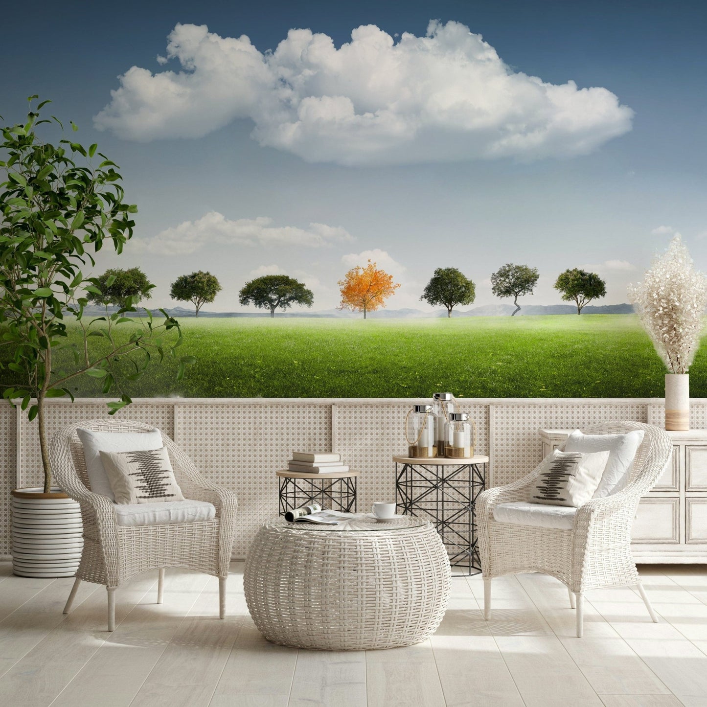 A calming abstract design wallpaper mural that defines a space.