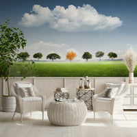 A calming abstract design wallpaper mural that defines a space.