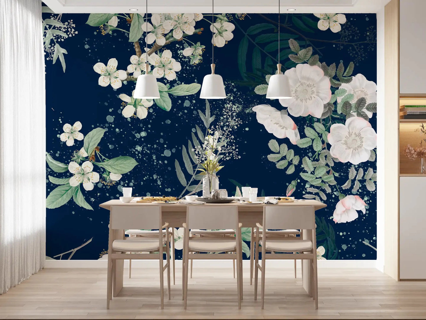 Dining space with Star-lit Flower Garden wall mural in midnight floral detail