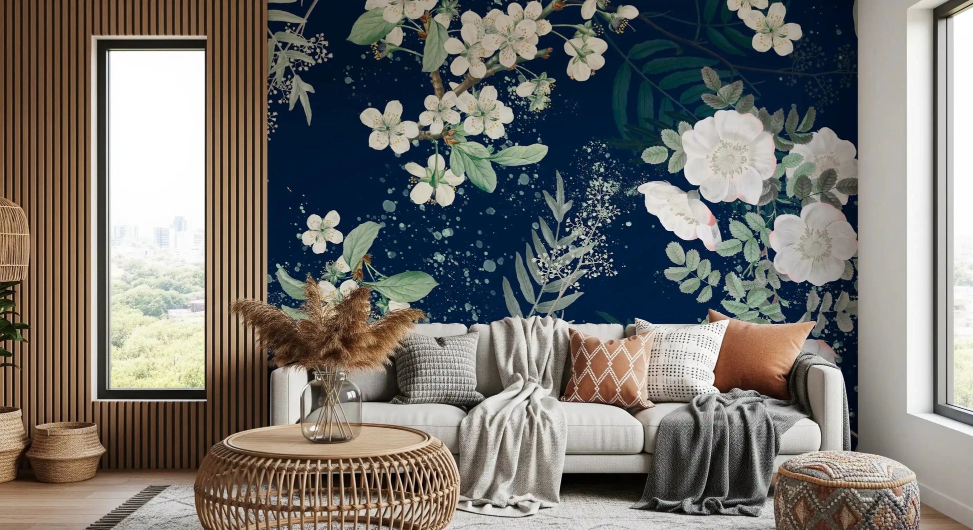 Detailed floral wall mural with white petals, green foliage, and dark contrast