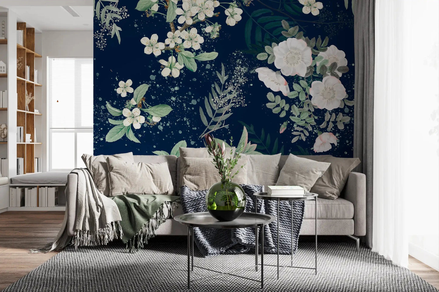 Hallway finished in Star-lit Flower Garden wall mural and leafy night pattern