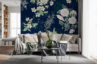 Hallway finished in Star-lit Flower Garden wall mural and leafy night pattern