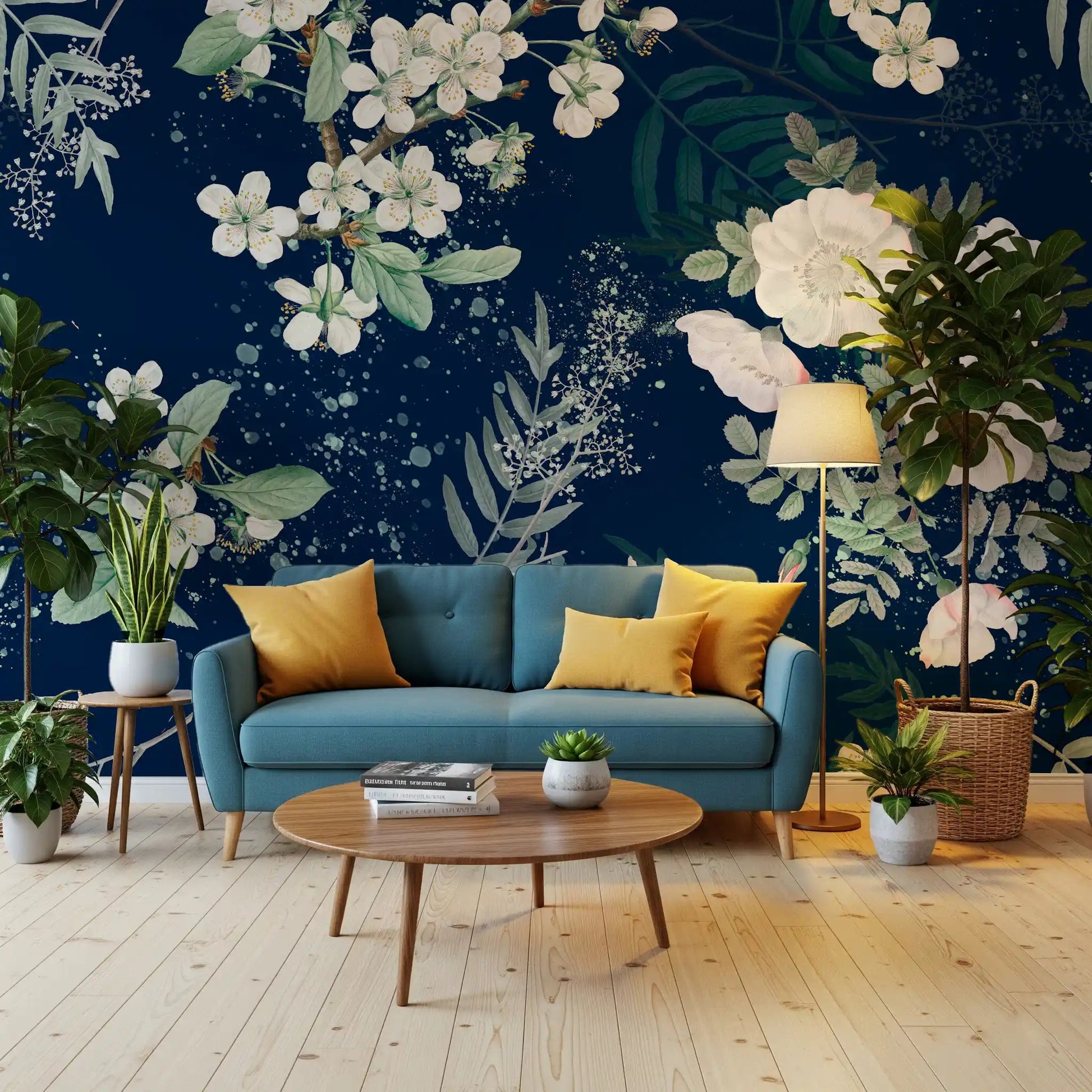 Midnight blue flower wall mural with layered blossoms and scattered leaf forms
