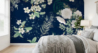 Bedroom wall featuring Star-lit Flower Garden wall mural with white blossoms