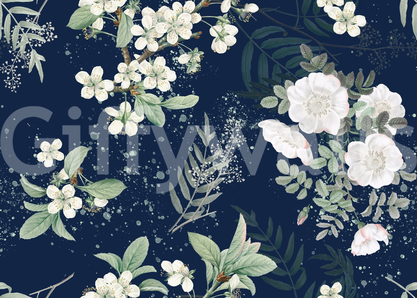 Modern botanical wall mural featuring white floral clusters and leafy texture