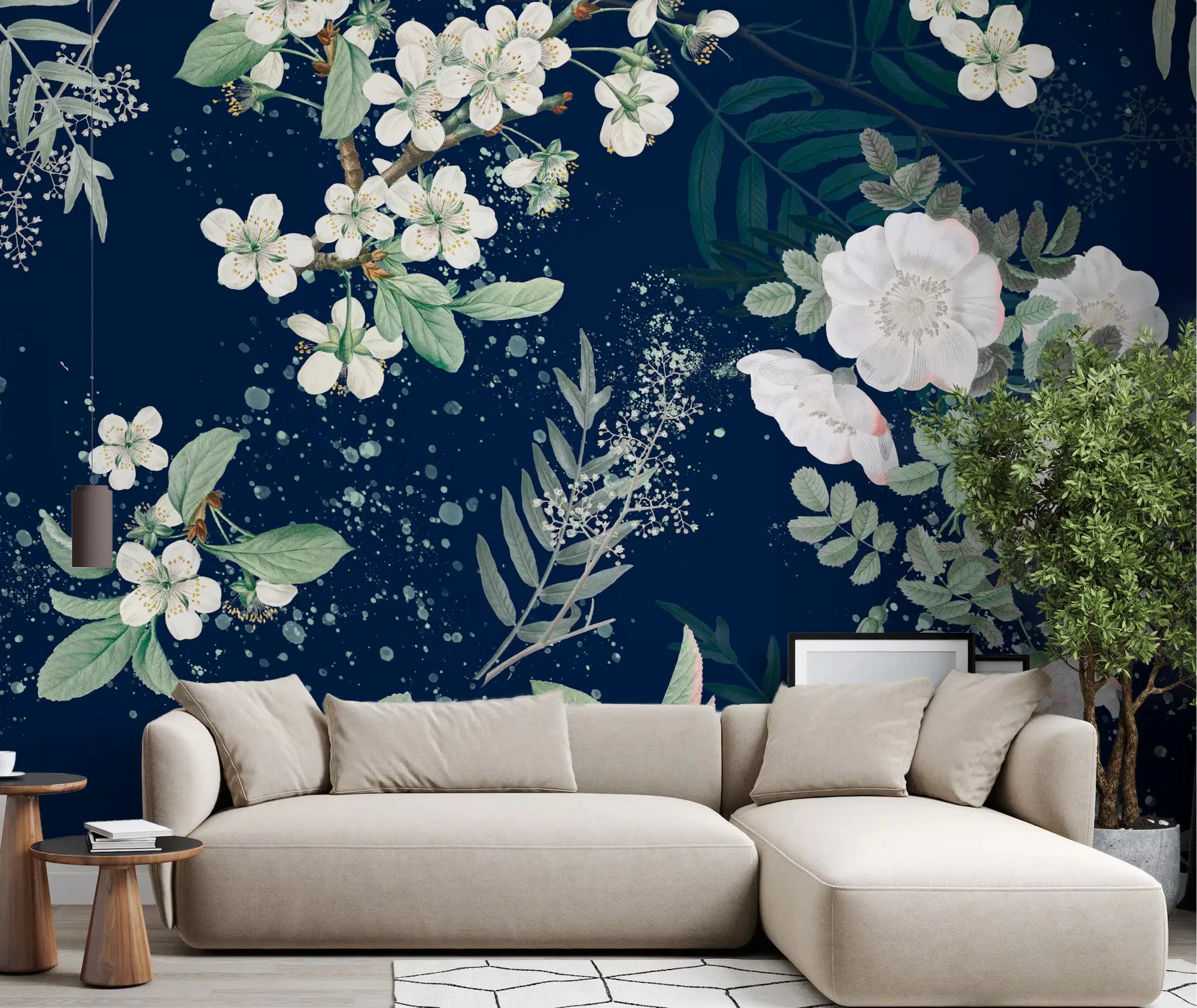 Living room styled with Star-lit Flower Garden wall mural in dark floral tones, GD9376
