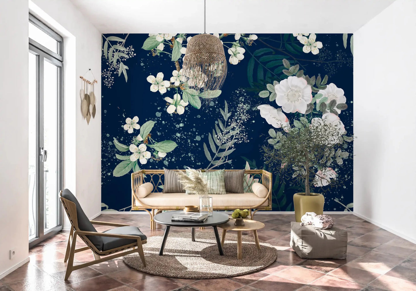 Artistic flower wall mural with soft ivory blossoms and deep blue backdrop