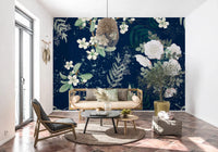 Artistic flower wall mural with soft ivory blossoms and deep blue backdrop