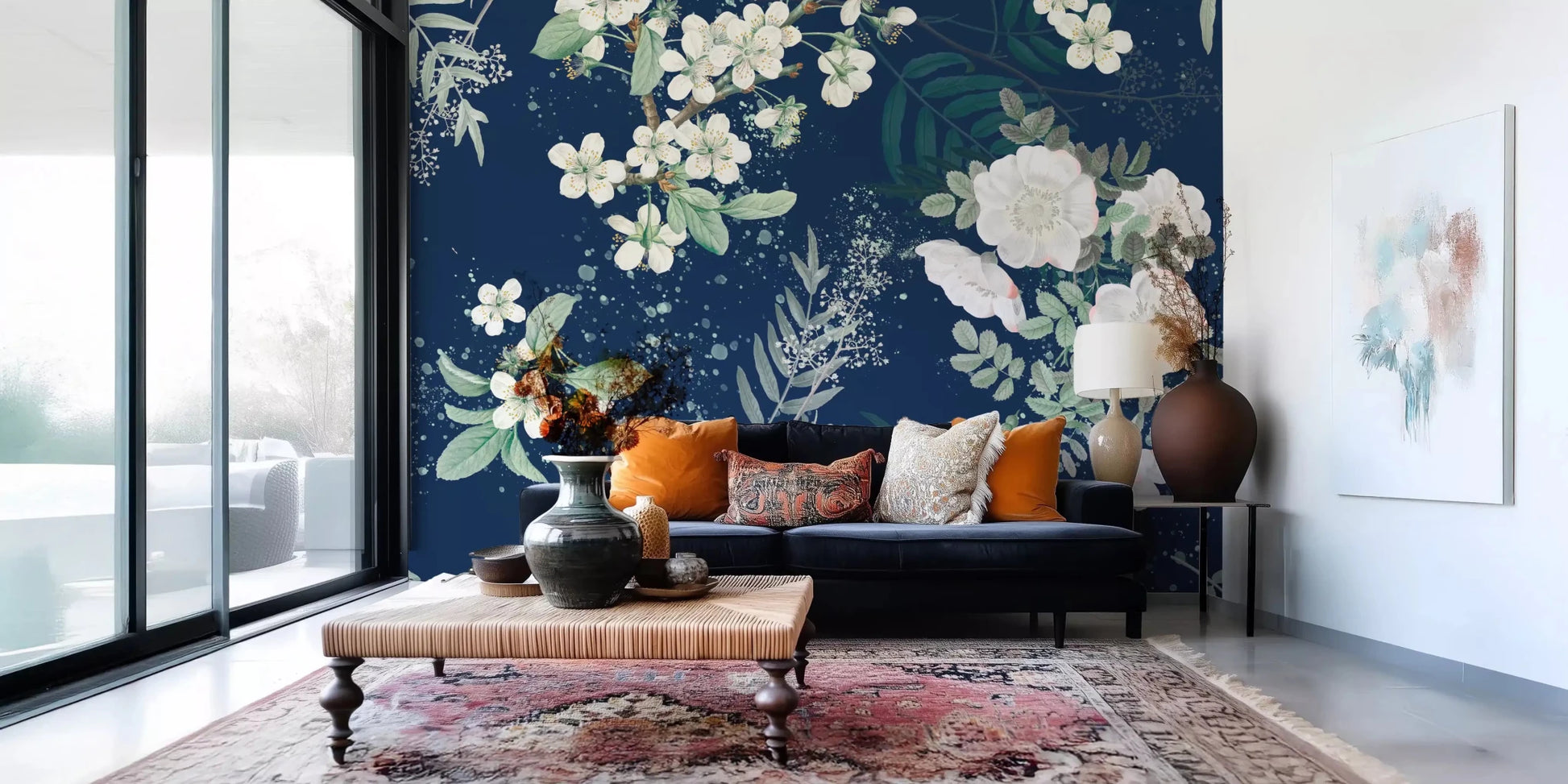 Contemporary garden wall mural with blooming branches and star-like speckled detail