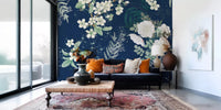 Contemporary garden wall mural with blooming branches and star-like speckled detail