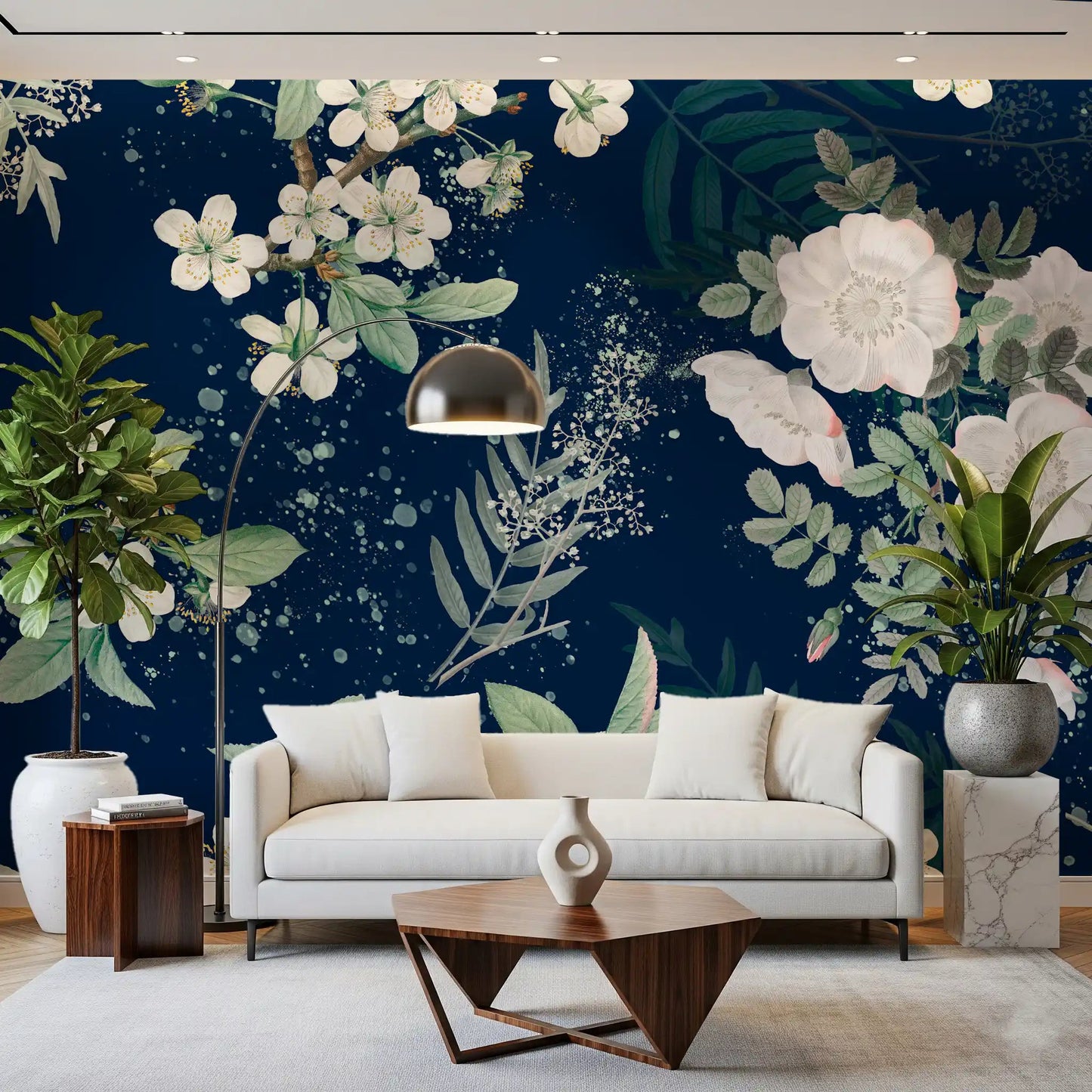 Elegant botanical wall mural showing pale blooms on a deep navy background