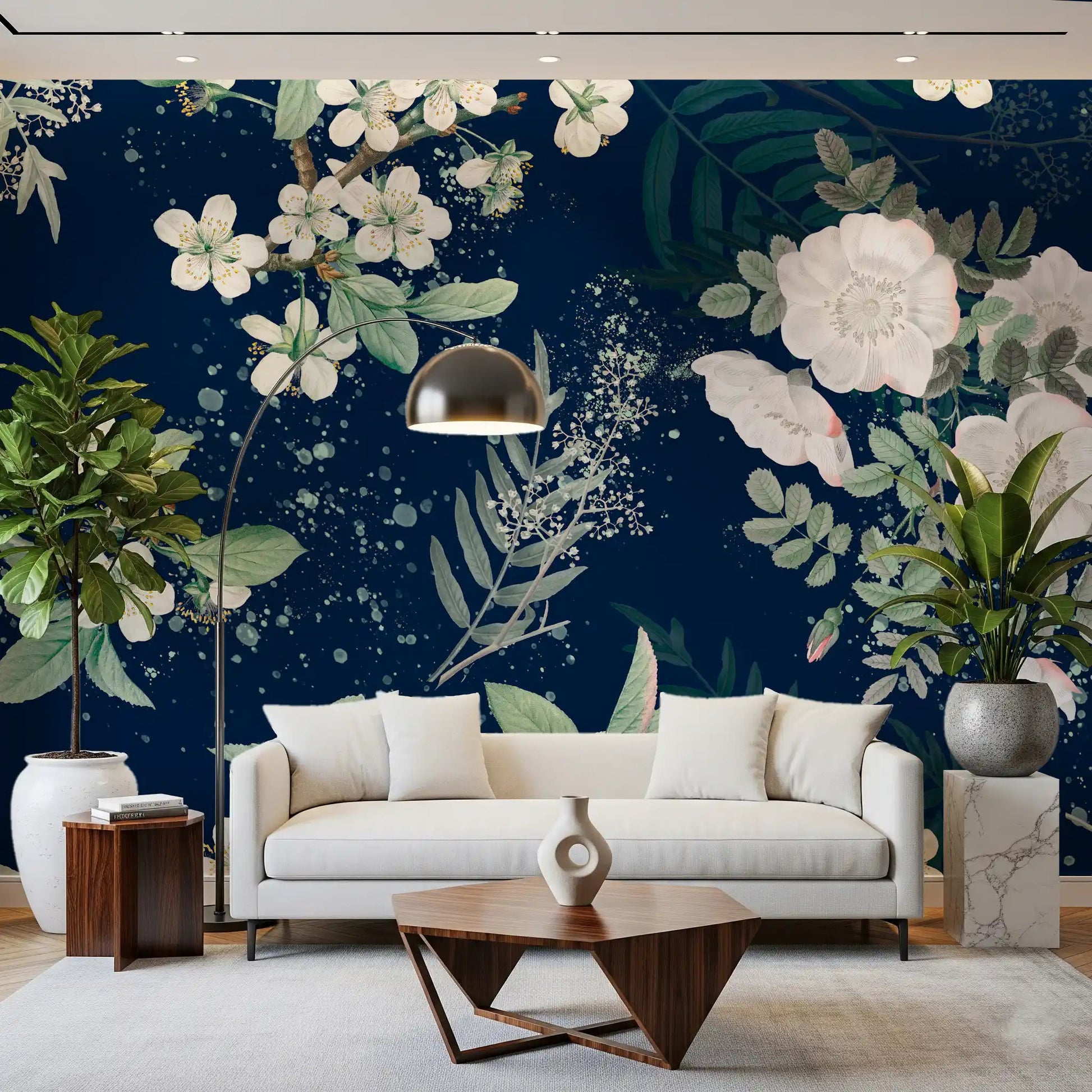 Elegant botanical wall mural showing pale blooms on a deep navy background