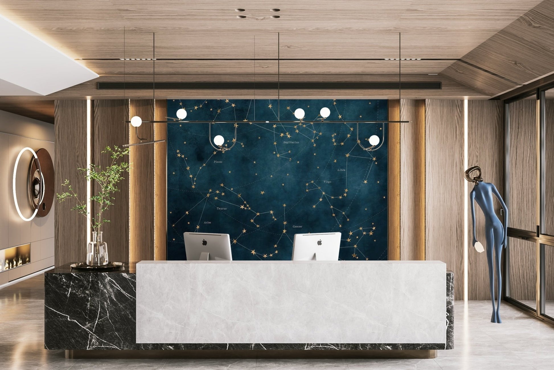 Star map wall mural featuring zodiac signs and stars

