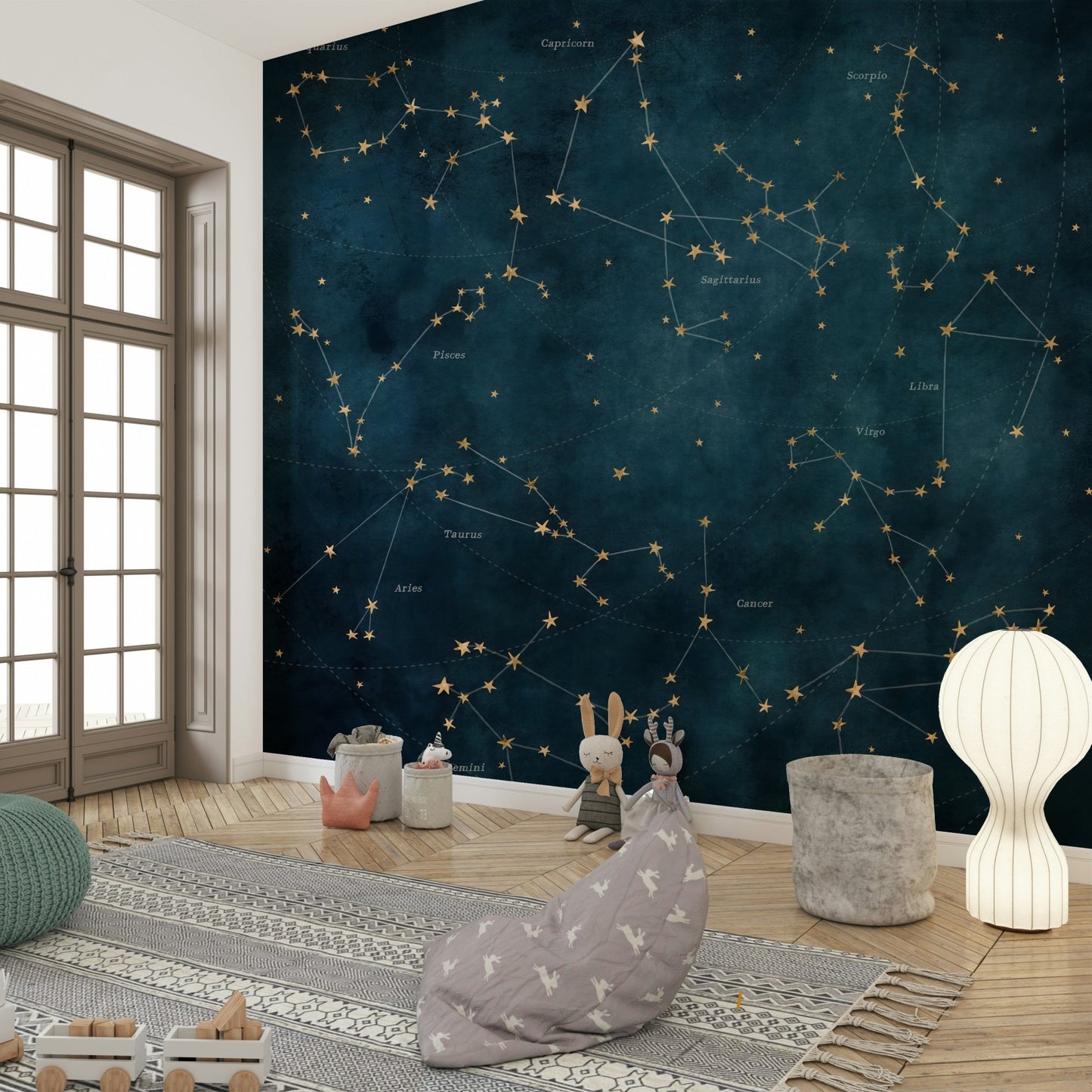 Wall mural with zodiac star map and celestial designs

