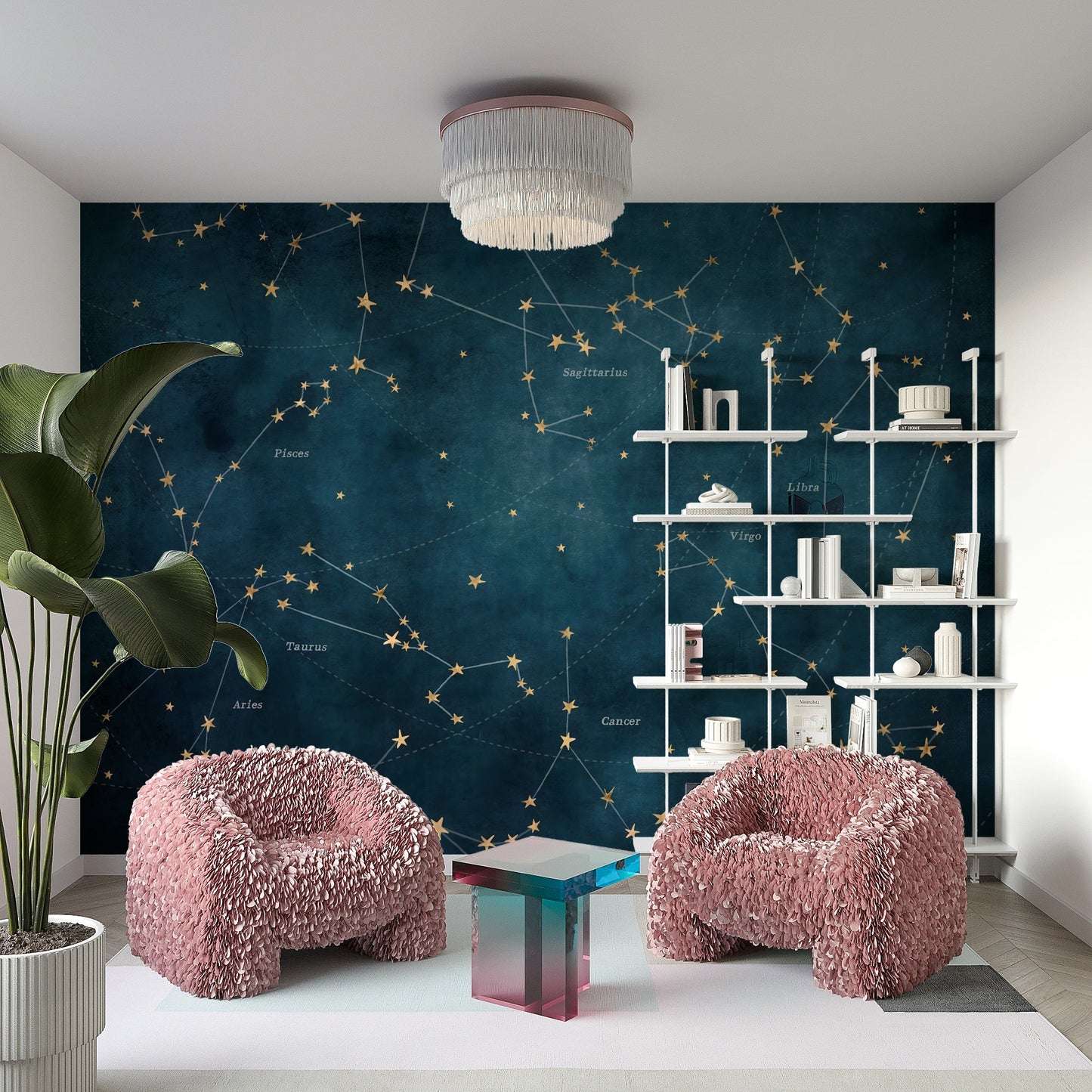 Zodiac constellation-themed star map wall mural

