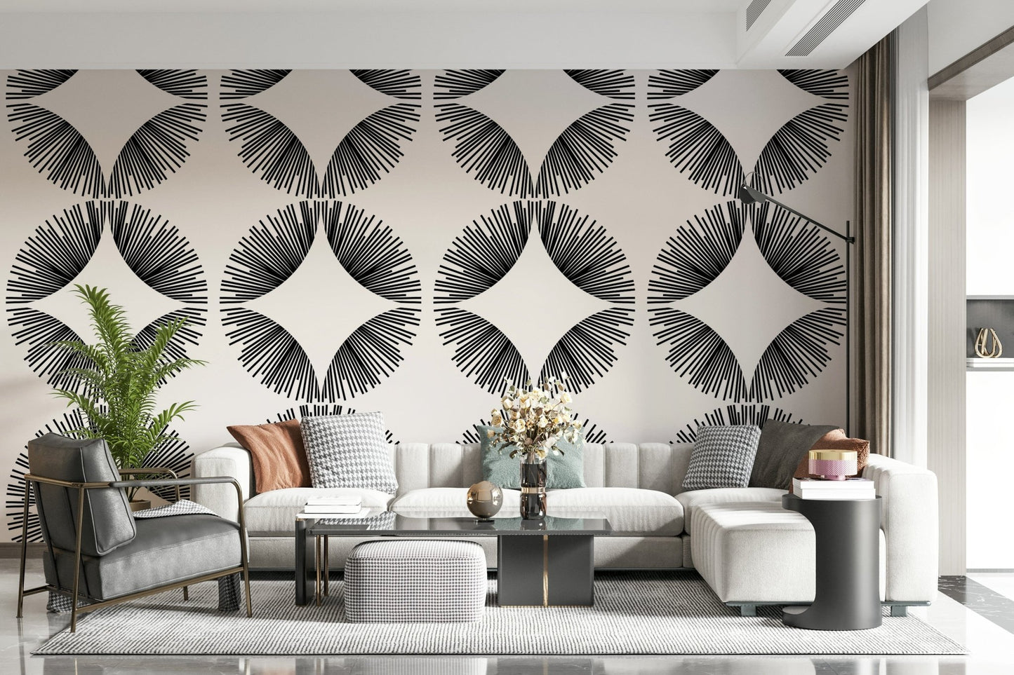 Starburst Deco Wallpaper paired with wooden furniture for a balanced lounge wallpaper., GD7854