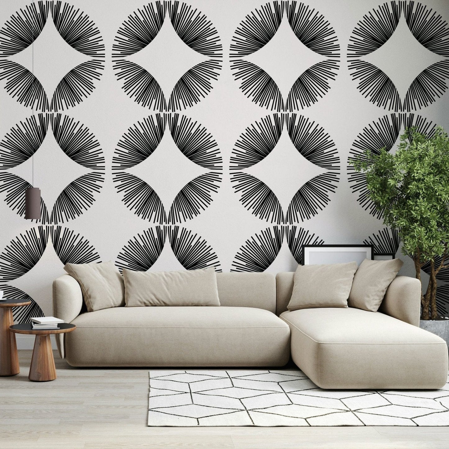 Symmetrical Starburst Deco Wallpaper patterns in a contemporary bedroom wallpaper., GD7854