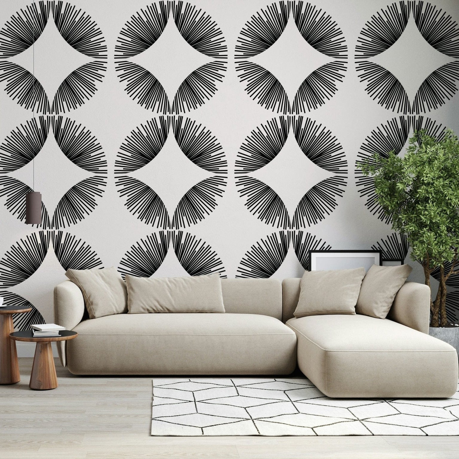 Symmetrical Starburst Deco Wallpaper patterns in a contemporary bedroom wallpaper., GD7854