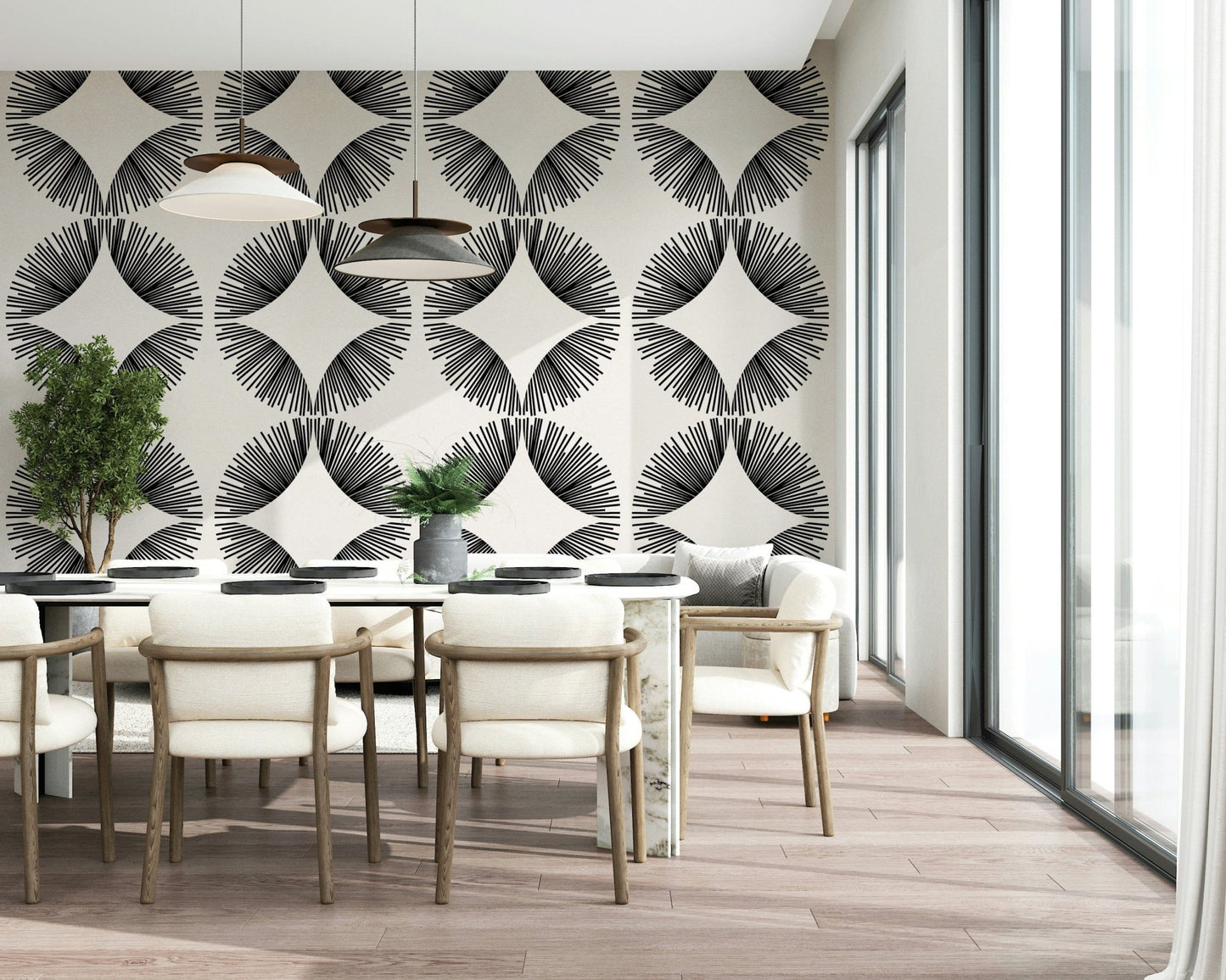 Starburst Deco Wallpaper displayed behind a velvet sofa for home styling wallpaper., GD7854