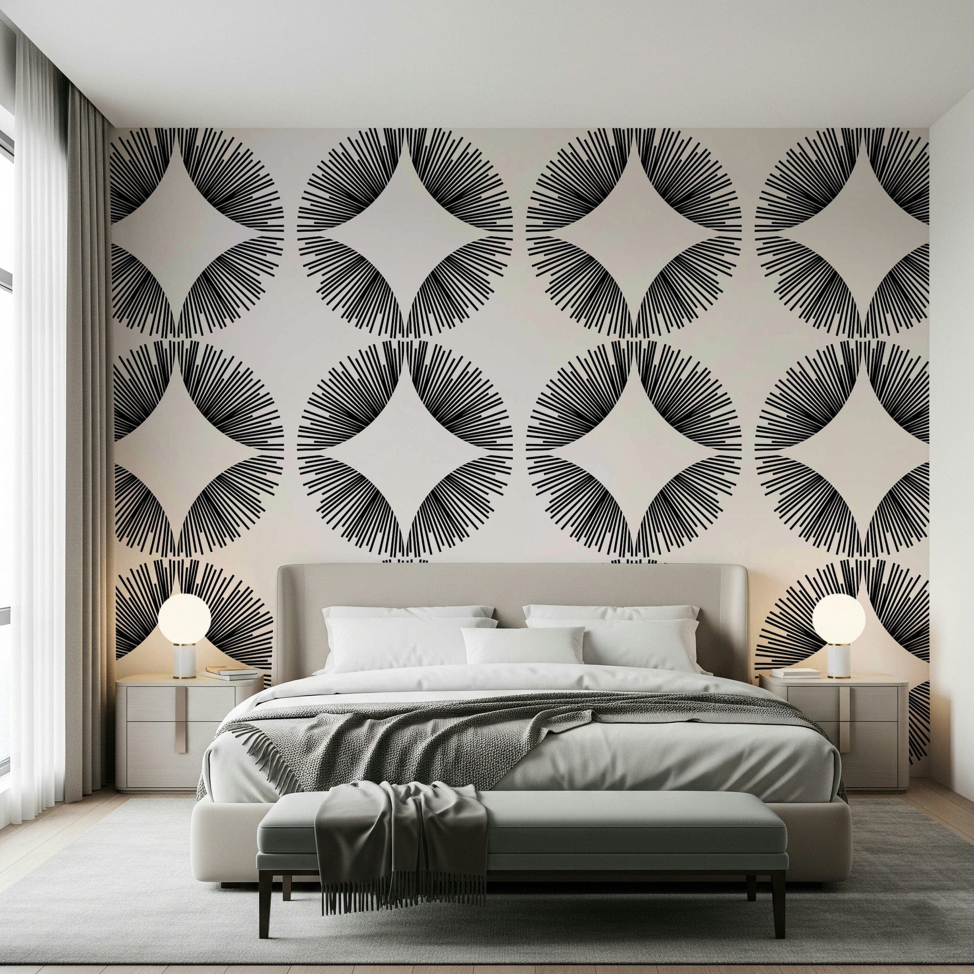 Starburst Deco Wallpaper featuring golden geometric lines on a navy wall mural., GD7854