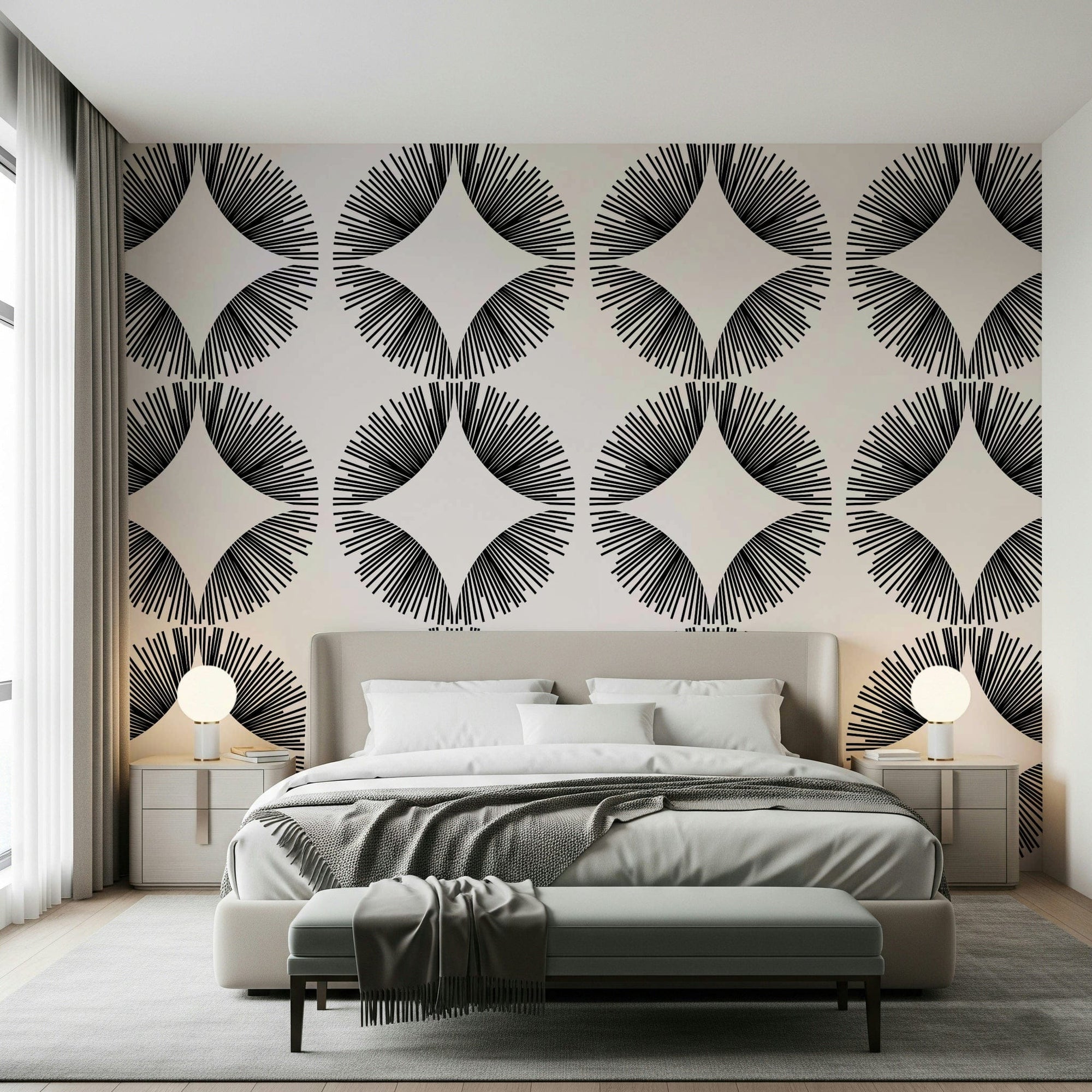 Starburst Deco Wallpaper featuring golden geometric lines on a navy wall mural., GD7854
