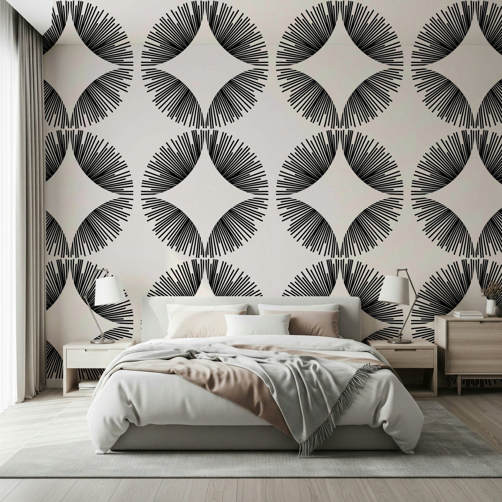 Modern living room setting with Starburst Deco Wallpaper as a feature wall., GD7854