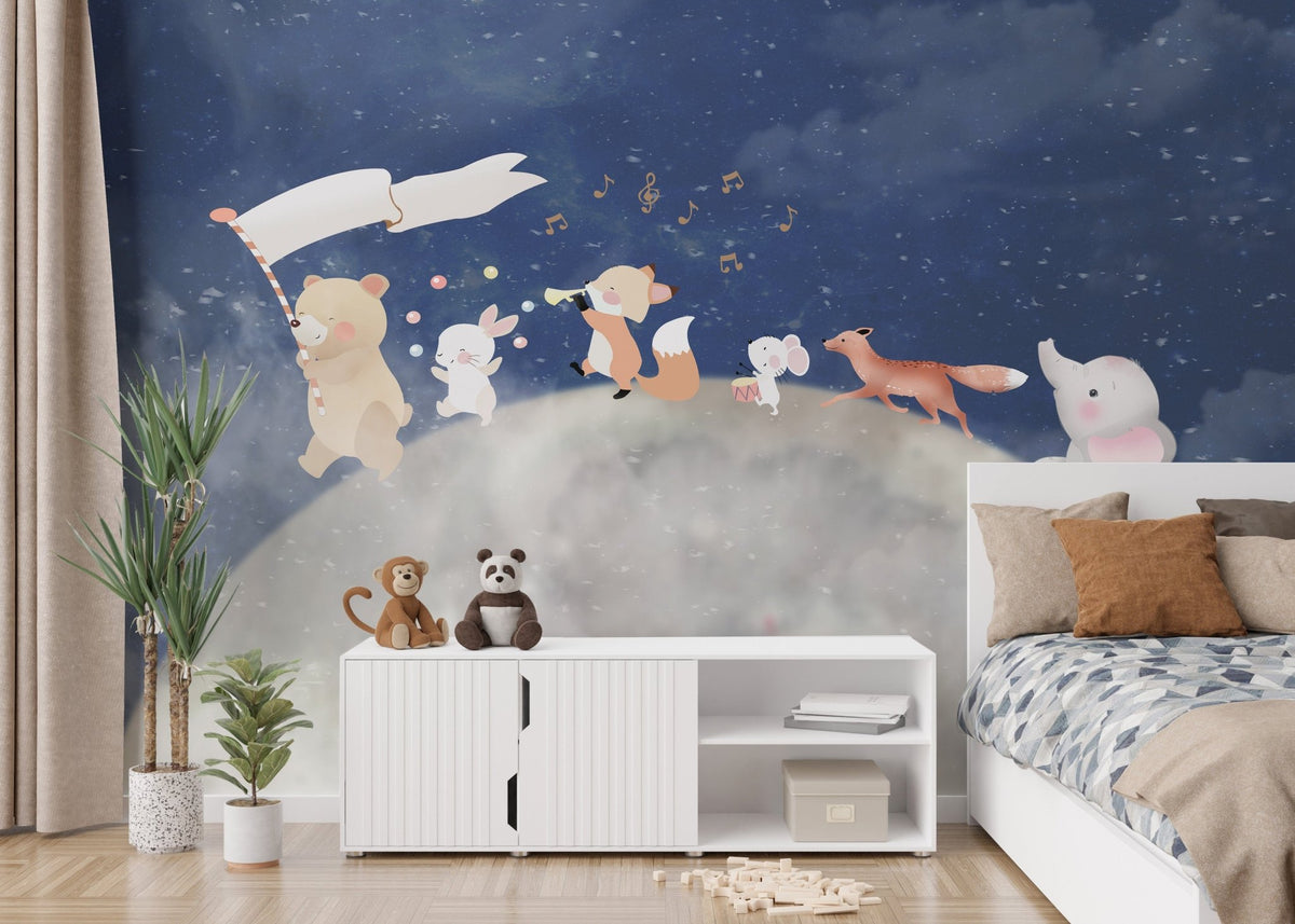 Whimsical animals under starry sky wallpaper mural, C98