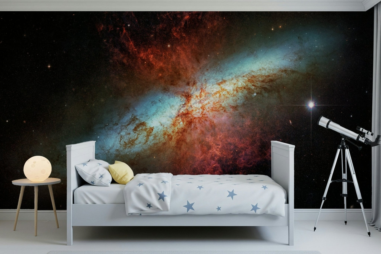 Stardust Symphony wall mural in a dark modern living room.